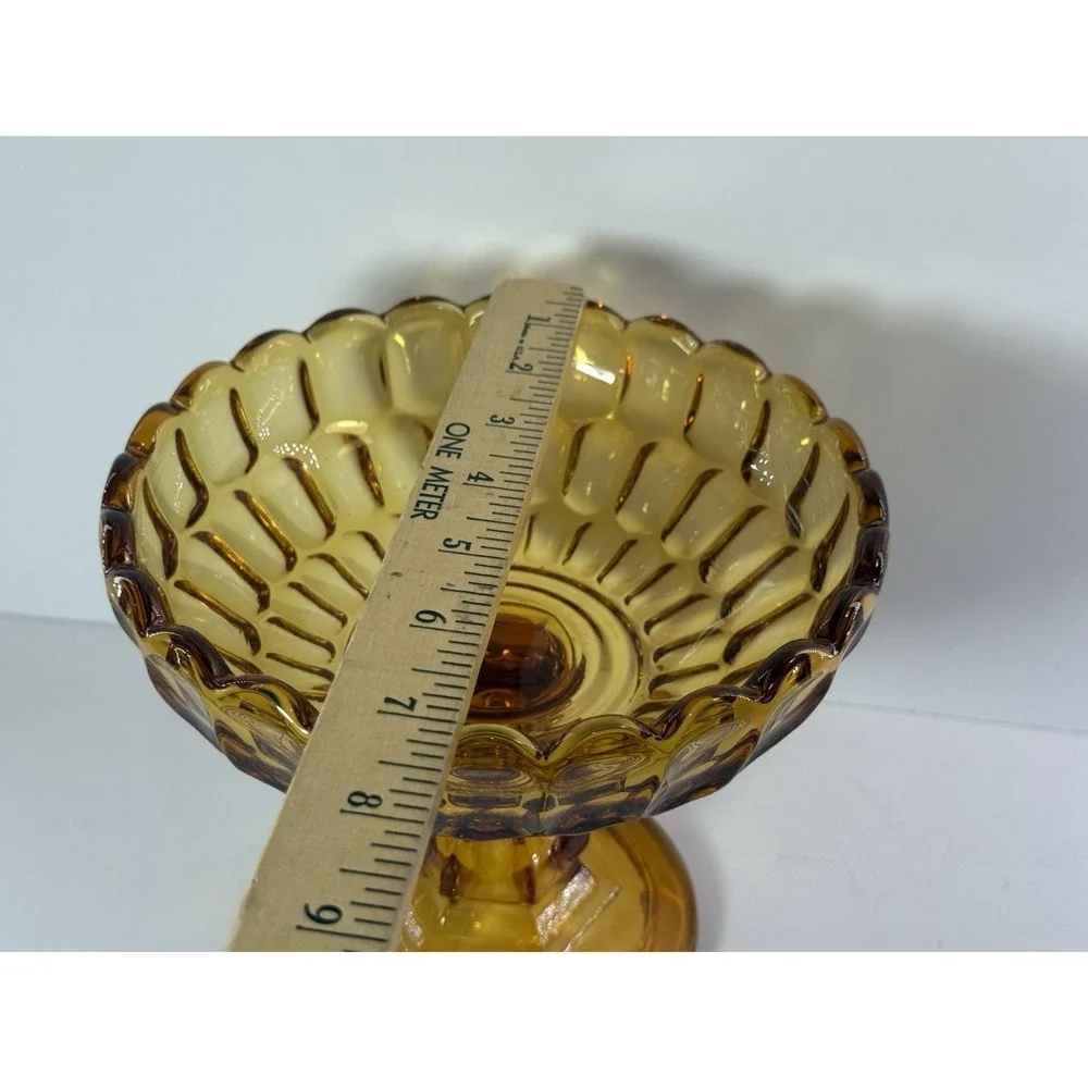 Vintage Amber Glass Thumbprint Pedestal Compote Bowl Scalloped Centerpiece Dish